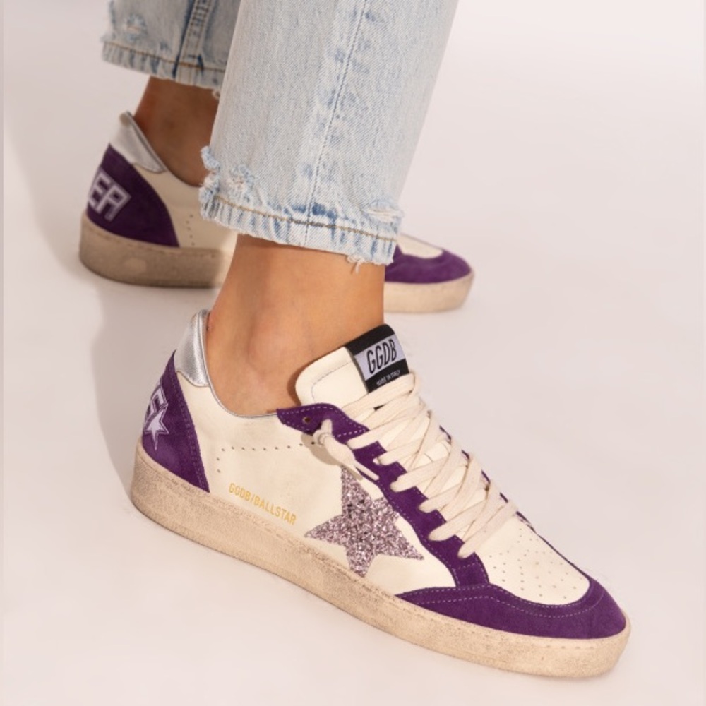 Golden Goose Ball Star Sneaker White Leather/Purple Suede/Glitter 37 New in Box